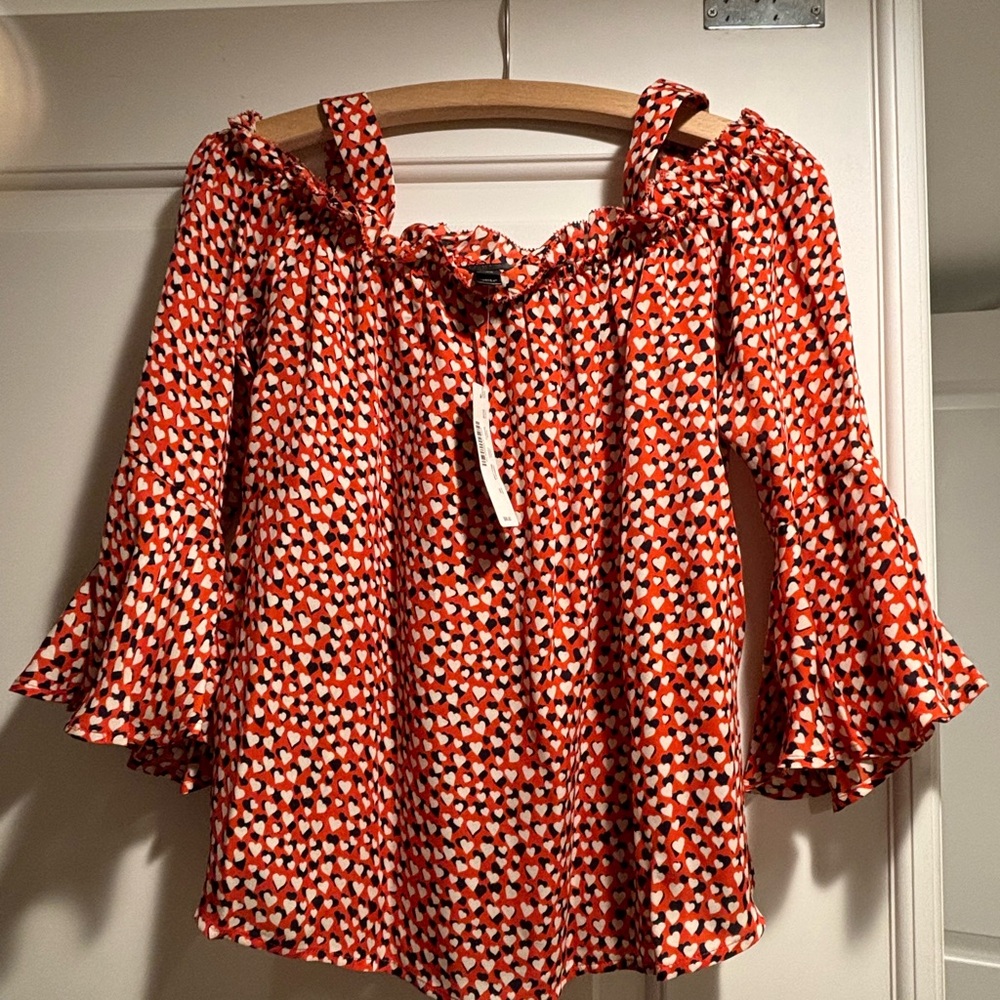 J Crew Women’s NWT Off-Shoulder Silk Heart Print Blouse